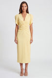 V-Neck Light Yellow Ruched Pencil Long Work Dress