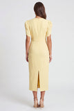 V-Neck Light Yellow Ruched Pencil Long Work Dress