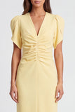 V-Neck Light Yellow Ruched Pencil Long Work Dress