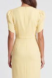 V-Neck Light Yellow Ruched Pencil Long Work Dress