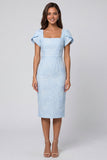 Floral Sky Blue Square Neck Jacquard Midi Work Dress with Slit