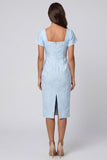 Floral Sky Blue Square Neck Jacquard Midi Work Dress with Slit