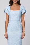 Floral Sky Blue Square Neck Jacquard Midi Work Dress with Slit