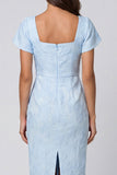Floral Sky Blue Square Neck Jacquard Midi Work Dress with Slit