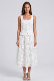 Ivory 2 Piece A Line Scoop Floral Lace Long Work Dress with Buttons