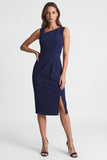 Ruched Navy Asymmetrical Neck Midi Work Dress with Slit