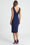 Ruched Navy Asymmetrical Neck Midi Work Dress with Slit