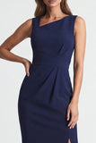 Ruched Navy Asymmetrical Neck Midi Work Dress with Slit