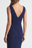 Ruched Navy Asymmetrical Neck Midi Work Dress with Slit