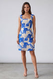 Blue Square Neck Bodycon Floral Short Work Dress