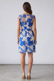 Blue Square Neck Bodycon Floral Short Work Dress