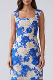 Blue Square Neck Bodycon Floral Short Work Dress
