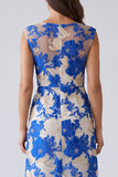 Blue Square Neck Bodycon Floral Short Work Dress