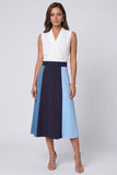 A Line Ivory and Blue Shawl Lapel Color Block Long Work Dress