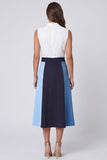 A Line Ivory and Blue Shawl Lapel Color Block Long Work Dress