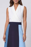 A Line Ivory and Blue Shawl Lapel Color Block Long Work Dress