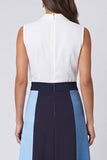 A Line Ivory and Blue Shawl Lapel Color Block Long Work Dress