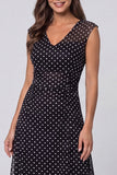 A Line Black and White Polka Dots V-Neck Long Work Dress
