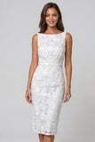 Ruched Ivory Boat Neck Floral Lace Pencil Sheath Midi Work Dress