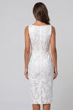 Ruched Ivory Boat Neck Floral Lace Pencil Sheath Midi Work Dress