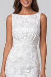 Ruched Ivory Boat Neck Floral Lace Pencil Sheath Midi Work Dress