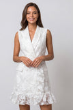 Double Breasted Floral Short Ivory Shawl Lapel Work Dress with Ruffles