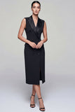 Black Double Breasted Midi Peak Lapel Work Dress with Slit