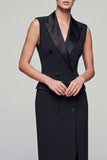 Black Double Breasted Midi Peak Lapel Work Dress with Slit