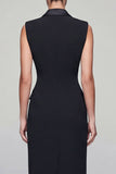 Black Double Breasted Midi Peak Lapel Work Dress with Slit