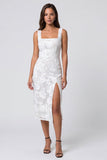 Ivory Square Neck Floral Lace Sheath Midi Work Dress with Slit