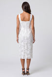 Ivory Square Neck Floral Lace Sheath Midi Work Dress with Slit