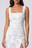 Ivory Square Neck Floral Lace Sheath Midi Work Dress with Slit