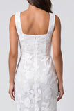 Ivory Square Neck Floral Lace Sheath Midi Work Dress with Slit