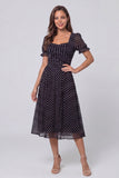 Black and White Polka Dots Long A Line Short Sleeves Work Dress