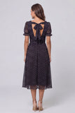 Black and White Polka Dots Long A Line Short Sleeves Work Dress
