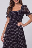 Black and White Polka Dots Long A Line Short Sleeves Work Dress