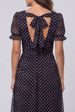 Black and White Polka Dots Long A Line Short Sleeves Work Dress
