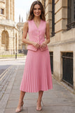 Pink V-Neck Pleated 2 Piece Single Breasted Midi Business Suits