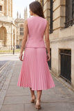 Pink V-Neck Pleated 2 Piece Single Breasted Midi Business Suits