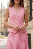 Pink V-Neck Pleated 2 Piece Single Breasted Midi Business Suits