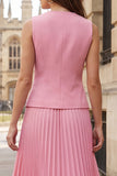 Pink V-Neck Pleated 2 Piece Single Breasted Midi Business Suits