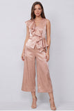 Dusty Rose Ruffled 2 Piece V-Neck Wide Leg Business Suits