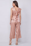 Dusty Rose Ruffled 2 Piece V-Neck Wide Leg Business Suits