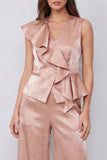 Dusty Rose Ruffled 2 Piece V-Neck Wide Leg Business Suits