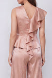 Dusty Rose Ruffled 2 Piece V-Neck Wide Leg Business Suits