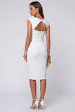 Ivory Boat Neck Ruched Sheath Midi Cap Sleeves Work Dress