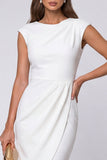 Ivory Boat Neck Ruched Sheath Midi Cap Sleeves Work Dress