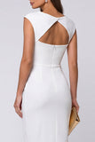 Ivory Boat Neck Ruched Sheath Midi Cap Sleeves Work Dress