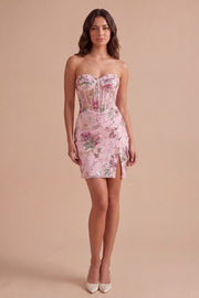 Sparkly Beaded Floral Pink Corset Short Cocktail Dress