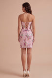 Sparkly Beaded Floral Pink Corset Short Cocktail Dress